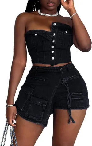 Molilove Women's Denim 2 Piece Outfits Button Tube Top and Cargo Shorts with Pockets Summer Sexy Jeans Shorts Set Tracksuits