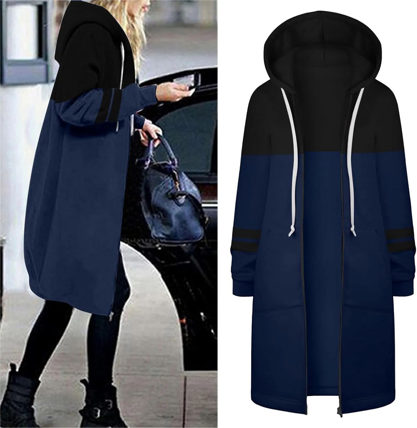 Muyise Women's Casual Zip Up Long Hoodies Tunic Sweatshirt Winter Warm Long Sleeve Hooded Outerwear Jacket Coat with Pockets