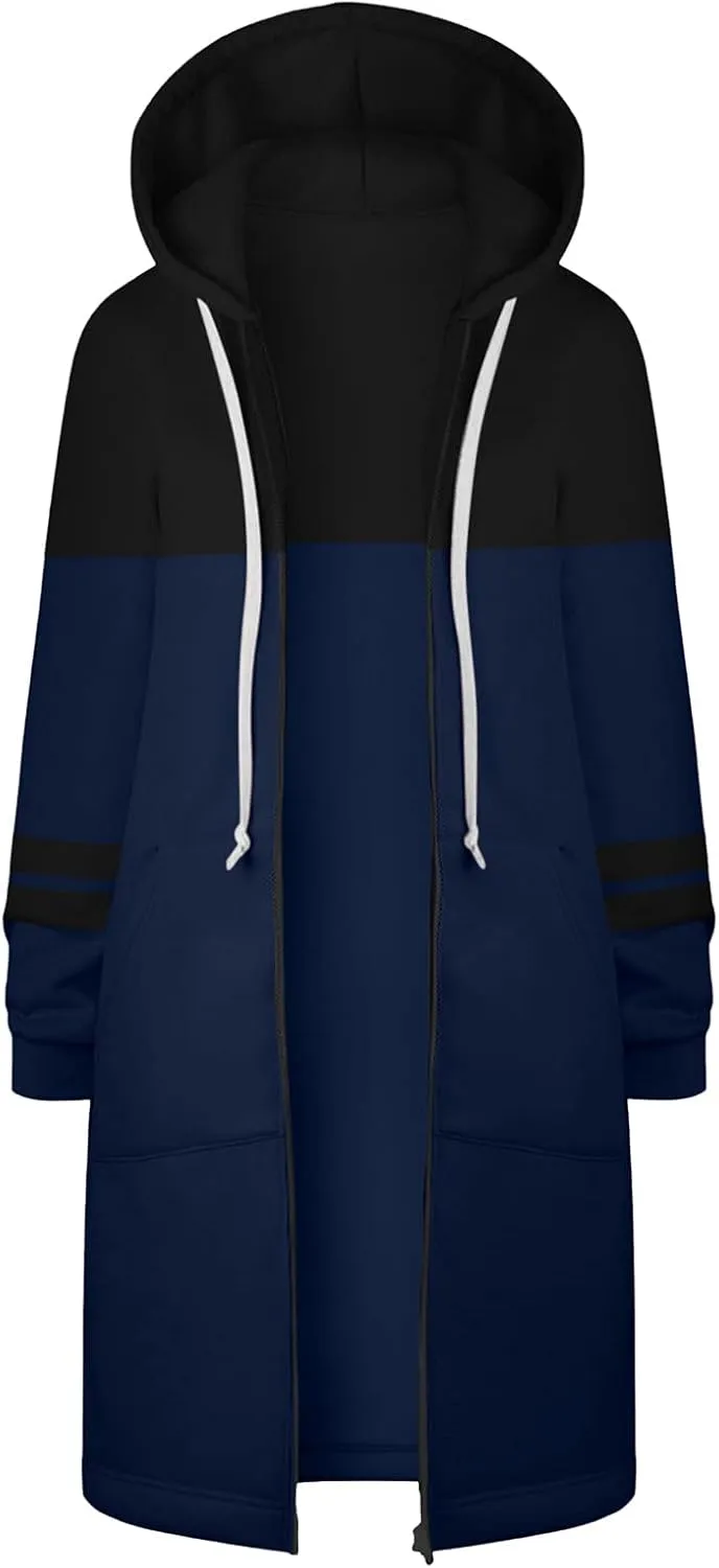 Muyise Women's Casual Zip Up Long Hoodies Tunic Sweatshirt Winter Warm Long Sleeve Hooded Outerwear Jacket Coat with Pockets