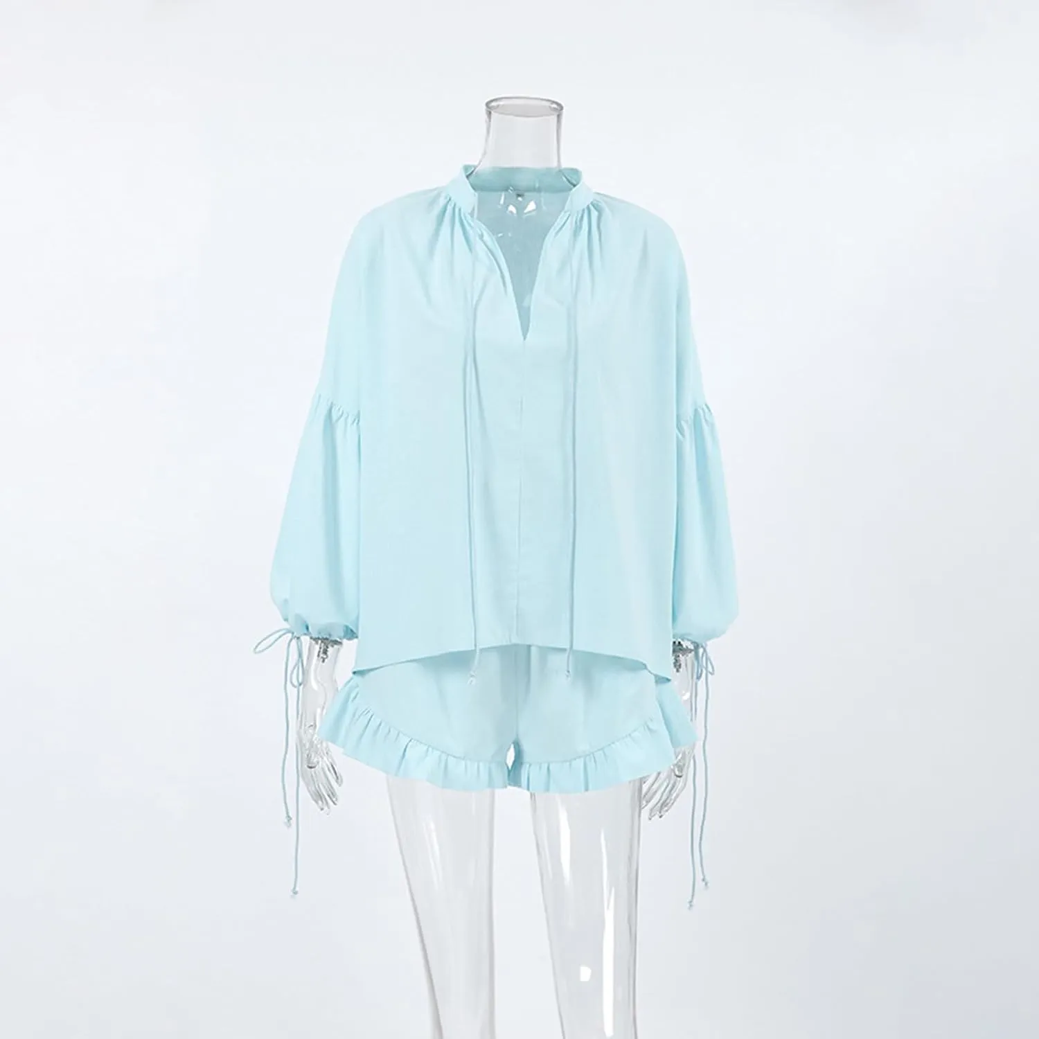 Mxiqqpltky Linen Shorts Sets Women 2 Piece Outfits Long Sleeve Tie Front Tops and Ruffled Boxer Shorts Matching Lounge Sets