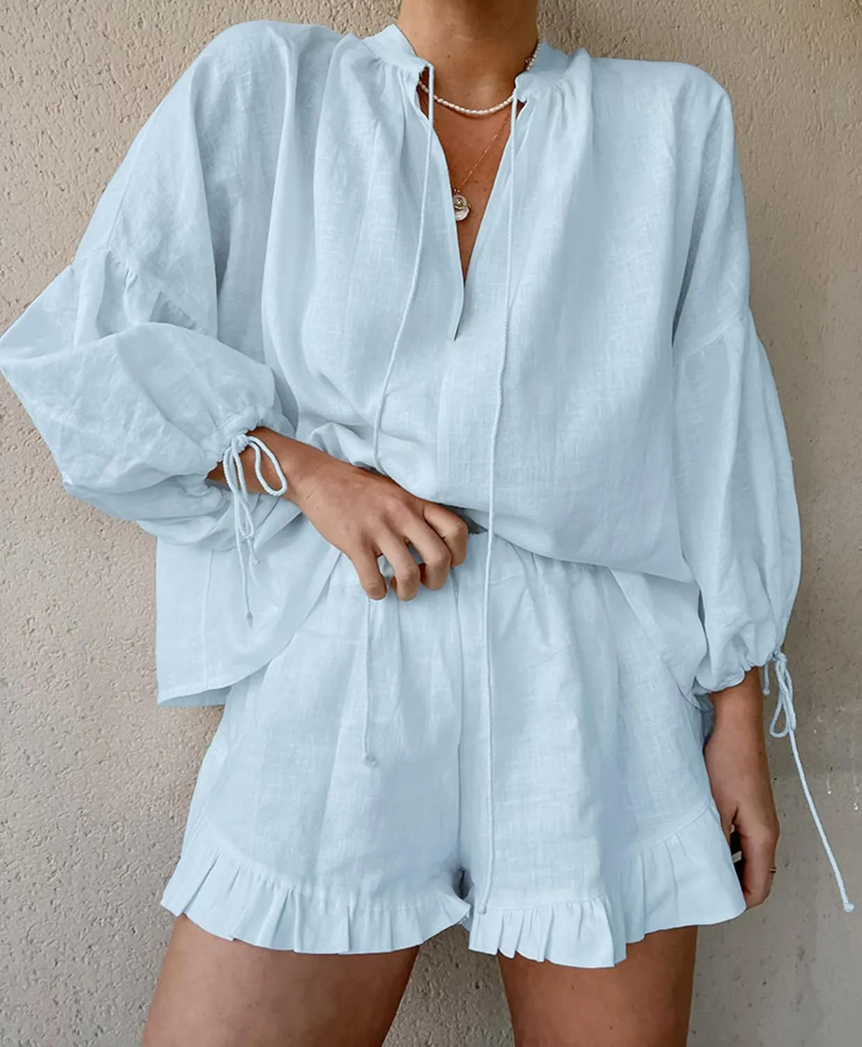 Mxiqqpltky Linen Shorts Sets Women 2 Piece Outfits Long Sleeve Tie Front Tops and Ruffled Boxer Shorts Matching Lounge Sets