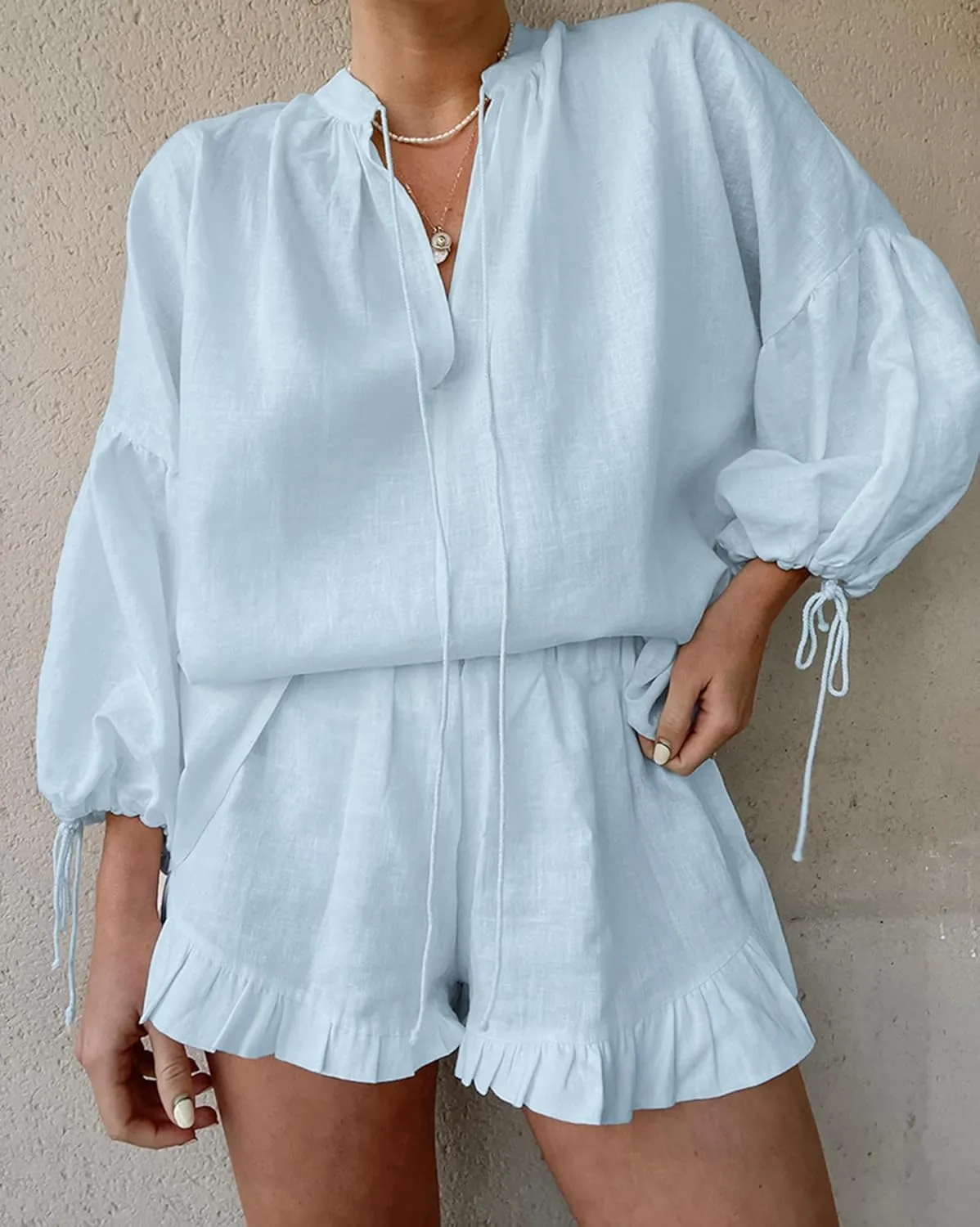 Mxiqqpltky Linen Shorts Sets Women 2 Piece Outfits Long Sleeve Tie Front Tops and Ruffled Boxer Shorts Matching Lounge Sets