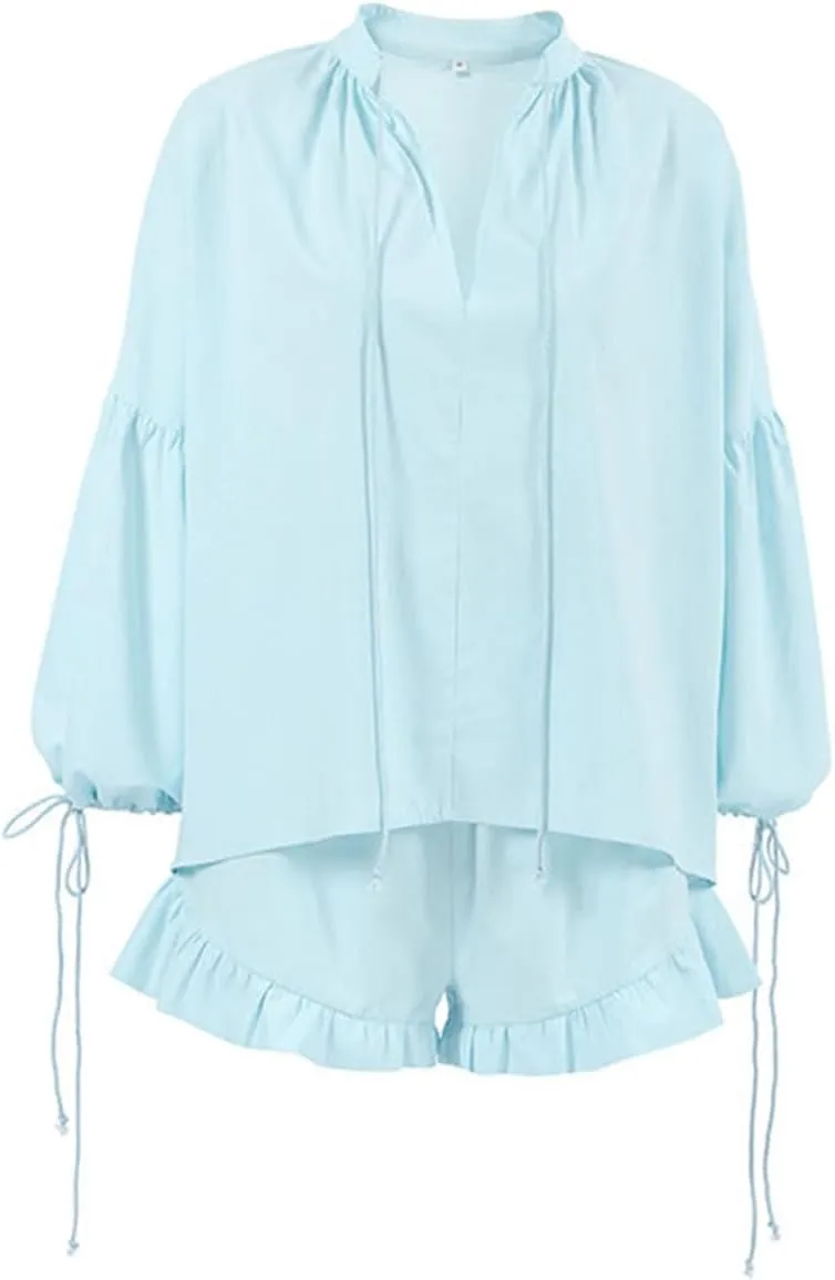 Mxiqqpltky Linen Shorts Sets Women 2 Piece Outfits Long Sleeve Tie Front Tops and Ruffled Boxer Shorts Matching Lounge Sets