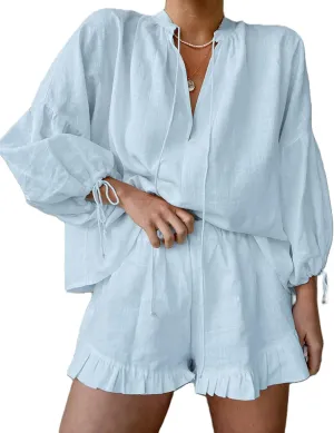 Mxiqqpltky Linen Shorts Sets Women 2 Piece Outfits Long Sleeve Tie Front Tops and Ruffled Boxer Shorts Matching Lounge Sets