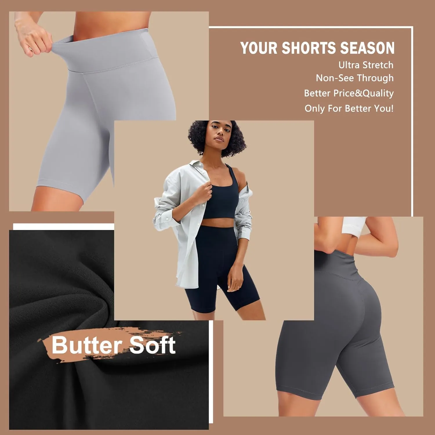 Natural Feelings Buttercloud 4 Pack Biker Shorts for Women-8" High Waist Tummy Control Workout Shorts Athletic Gym Yoga Pants