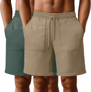 Neer 2 Pack Men's Big and Tall Cotton Linen Bermuda Shorts, Casual 7'' Elastic Drawstring Flat Front Shorts with Pockets