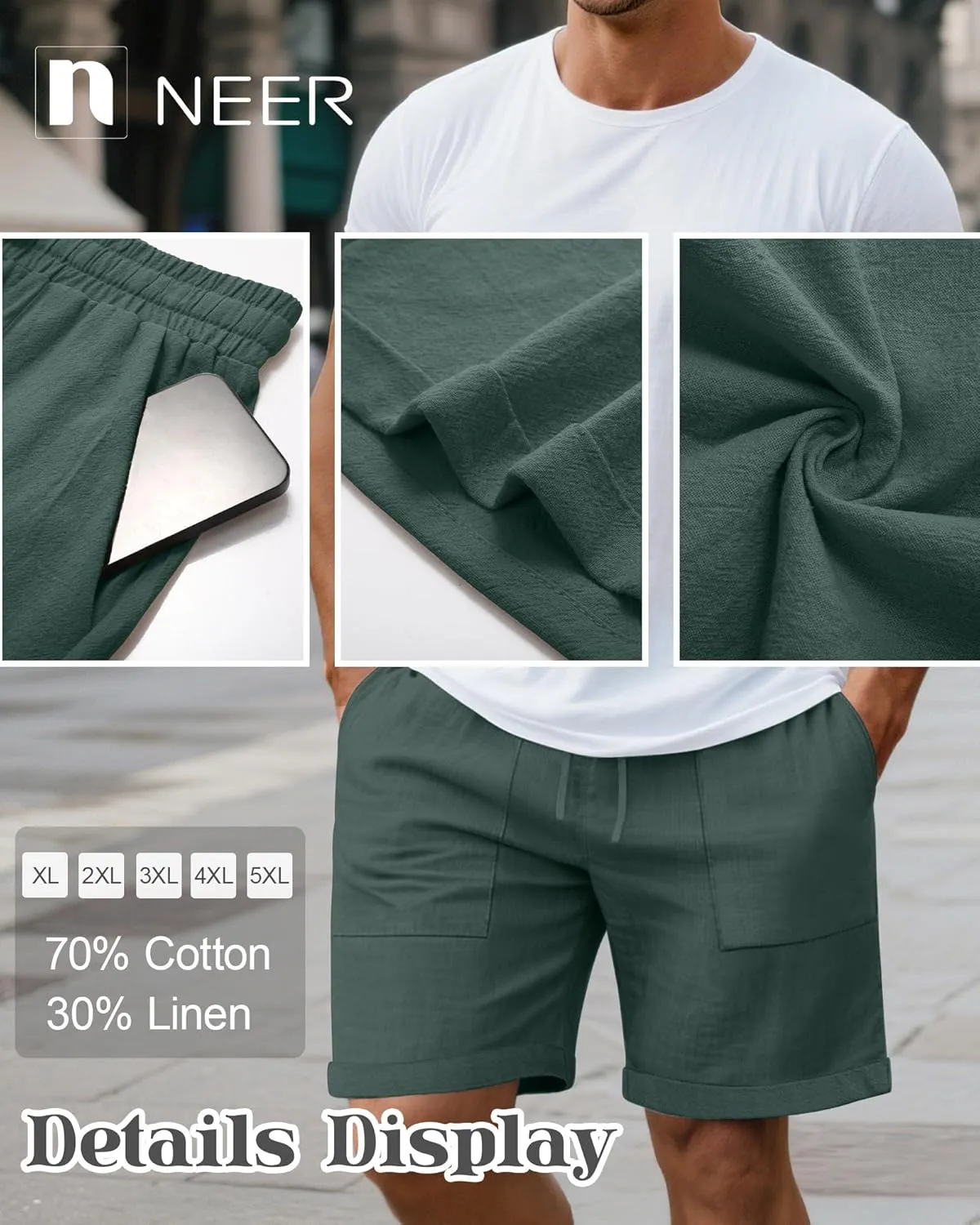 Neer 2 Pack Men's Big and Tall Cotton Linen Bermuda Shorts, Casual 7'' Elastic Drawstring Flat Front Shorts with Pockets