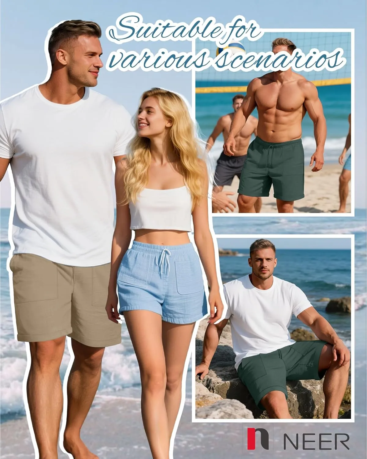 Neer 2 Pack Men's Big and Tall Cotton Linen Bermuda Shorts, Casual 7'' Elastic Drawstring Flat Front Shorts with Pockets