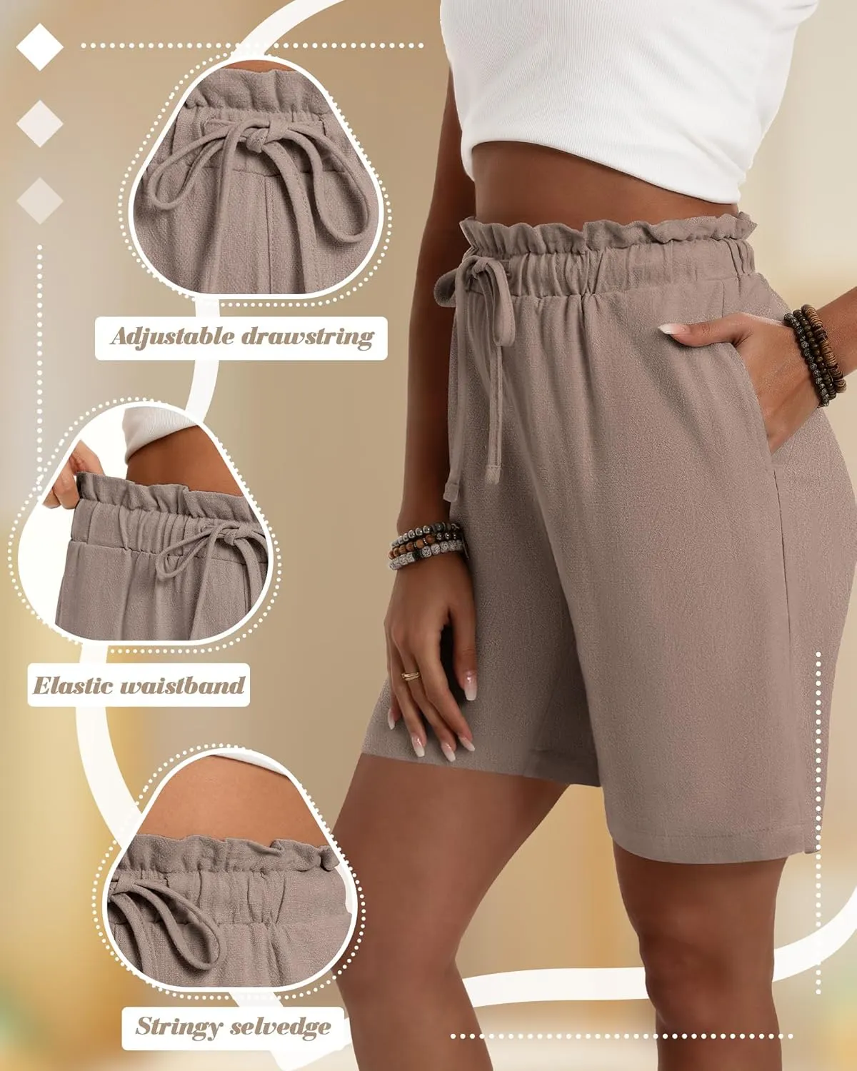 Neer 3 Pack Women's Linen Bermuda Shorts Summer Wide Leg Cotton Casual High Waist Drawstring Mid Length Shorts with Pockets