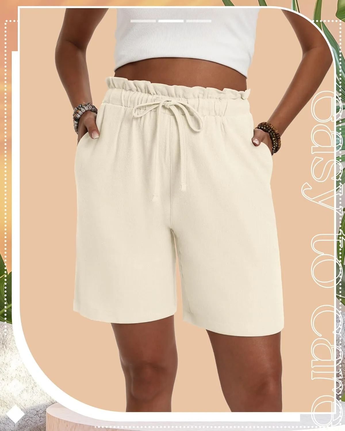 Neer 3 Pack Women's Linen Bermuda Shorts Summer Wide Leg Cotton Casual High Waist Drawstring Mid Length Shorts with Pockets