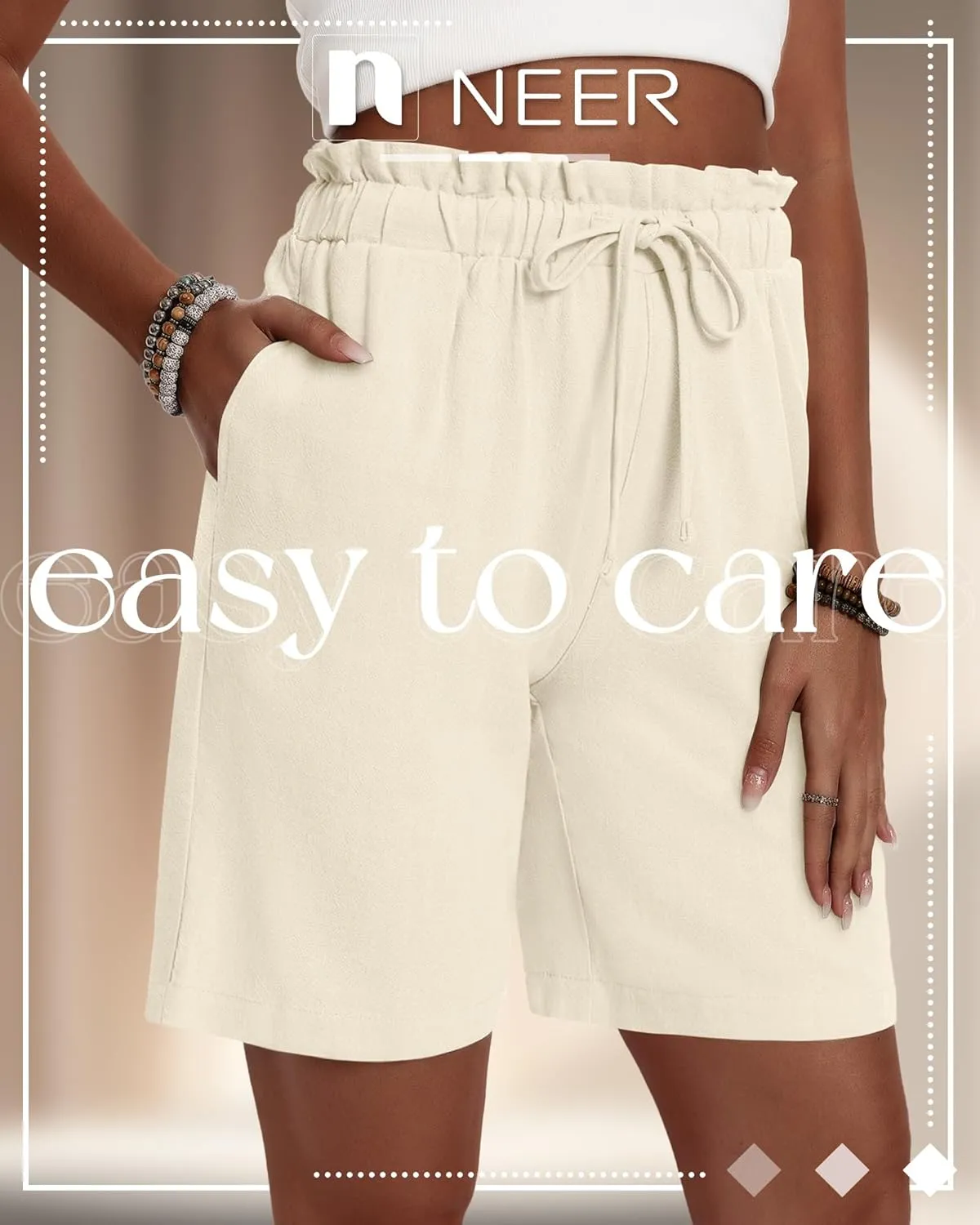 Neer 3 Pack Women's Linen Bermuda Shorts Summer Wide Leg Cotton Casual High Waist Drawstring Mid Length Shorts with Pockets