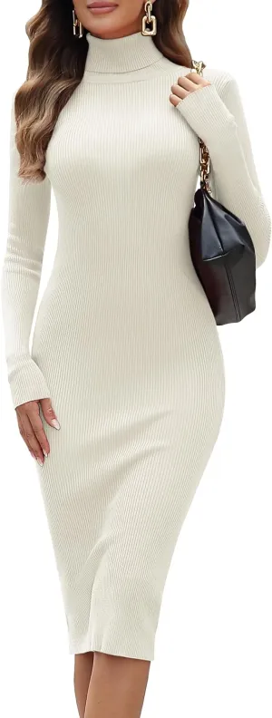 ninovino Women's Turtleneck Ribbed Knit Long Sleeve Slim Fit Sweater Dress