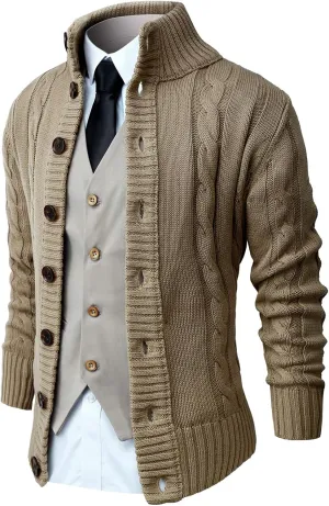 NITAGUT Mens Long Sleeve Stand Collar Cardigan Sweaters Button Down Cable Knitted Sweater
