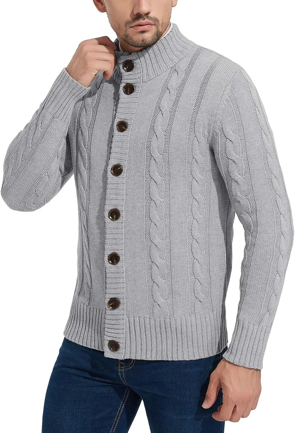 NITAGUT Mens Long Sleeve Stand Collar Cardigan Sweaters Button Down Cable Knitted Sweater
