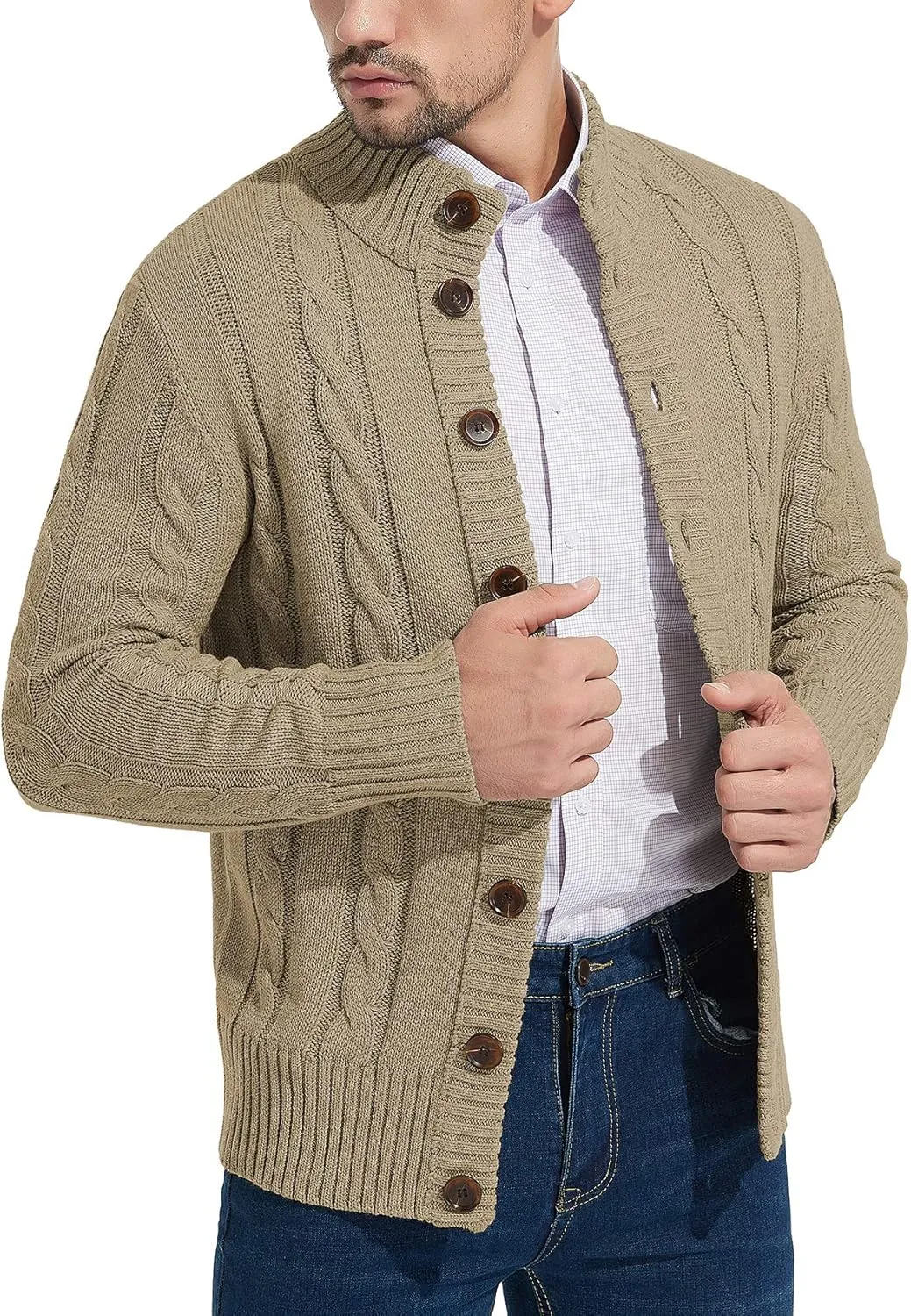 NITAGUT Mens Long Sleeve Stand Collar Cardigan Sweaters Button Down Cable Knitted Sweater