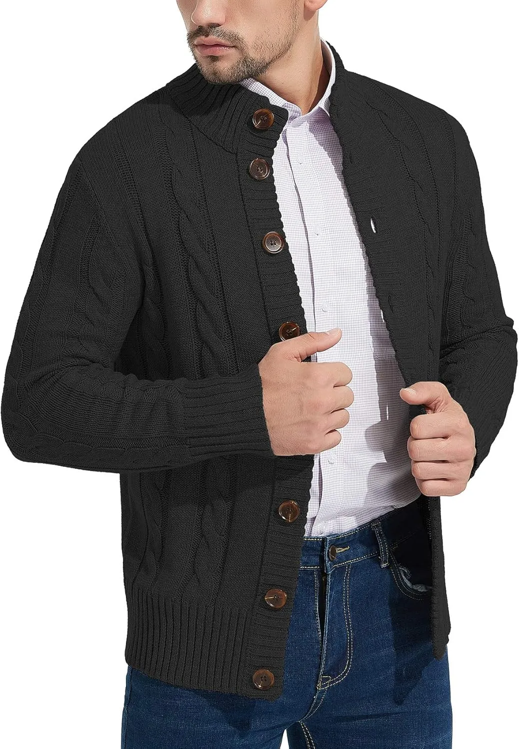 NITAGUT Mens Long Sleeve Stand Collar Cardigan Sweaters Button Down Cable Knitted Sweater