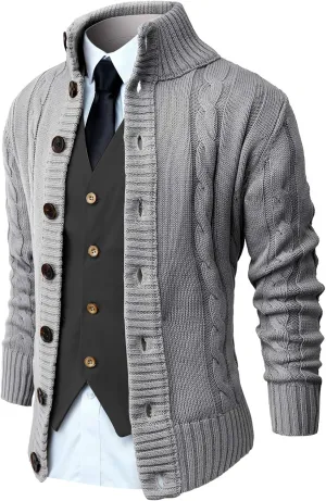 NITAGUT Mens Long Sleeve Stand Collar Cardigan Sweaters Button Down Cable Knitted Sweater