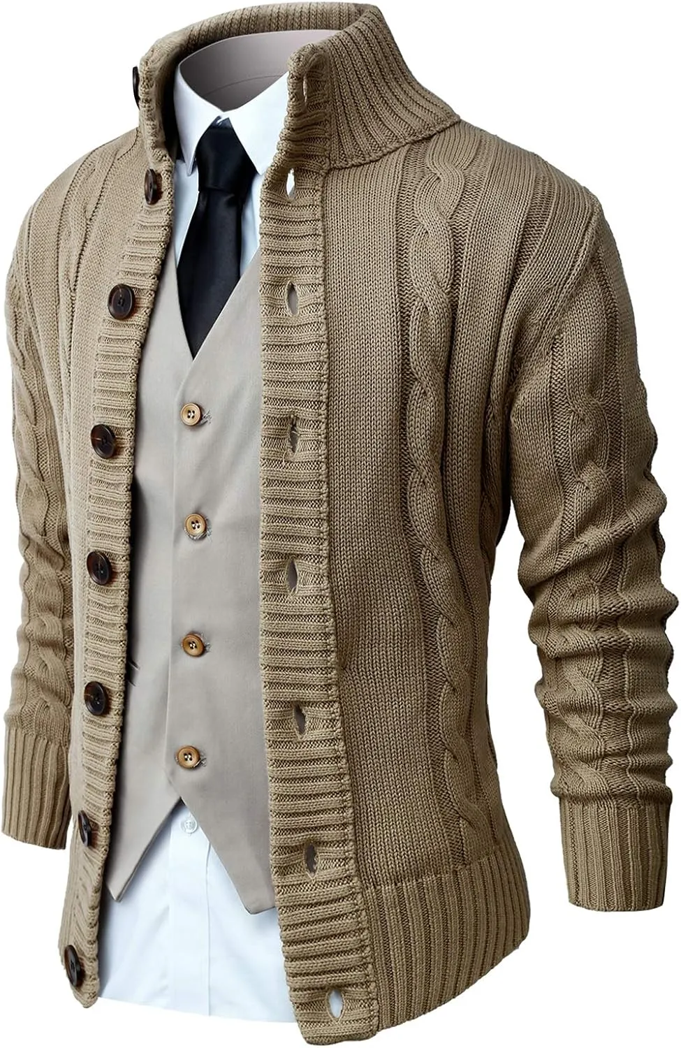 NITAGUT Mens Long Sleeve Stand Collar Cardigan Sweaters Button Down Cable Knitted Sweater