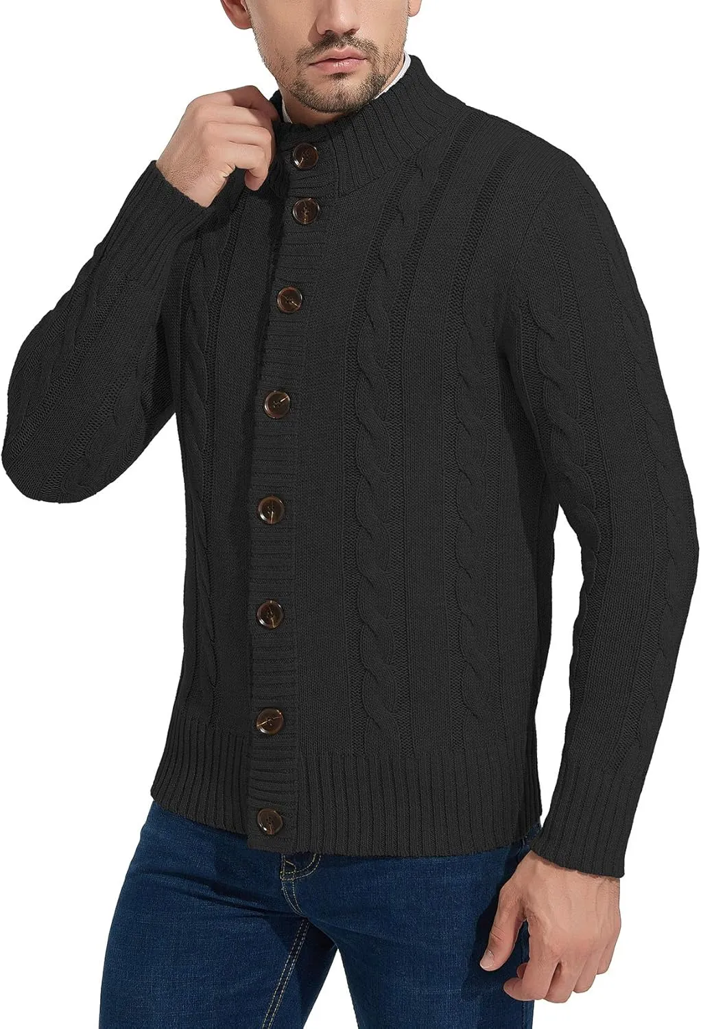 NITAGUT Mens Long Sleeve Stand Collar Cardigan Sweaters Button Down Cable Knitted Sweater