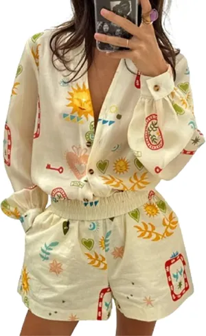 NUFIWI Vintage Graffiti 2 Pieces Shorts Sets for Women Floral Fruit Print Short Sleeve Shirt and Casual Shorts Beachwear Suit