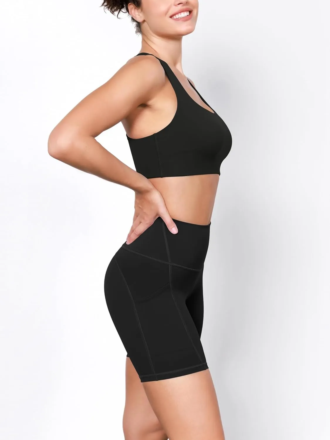 ODODOS 2-Pack High Waist Workout Shorts with Pockets for Women 6"/8" Inseam Tummy Control Gym Athletic Biker Shorts