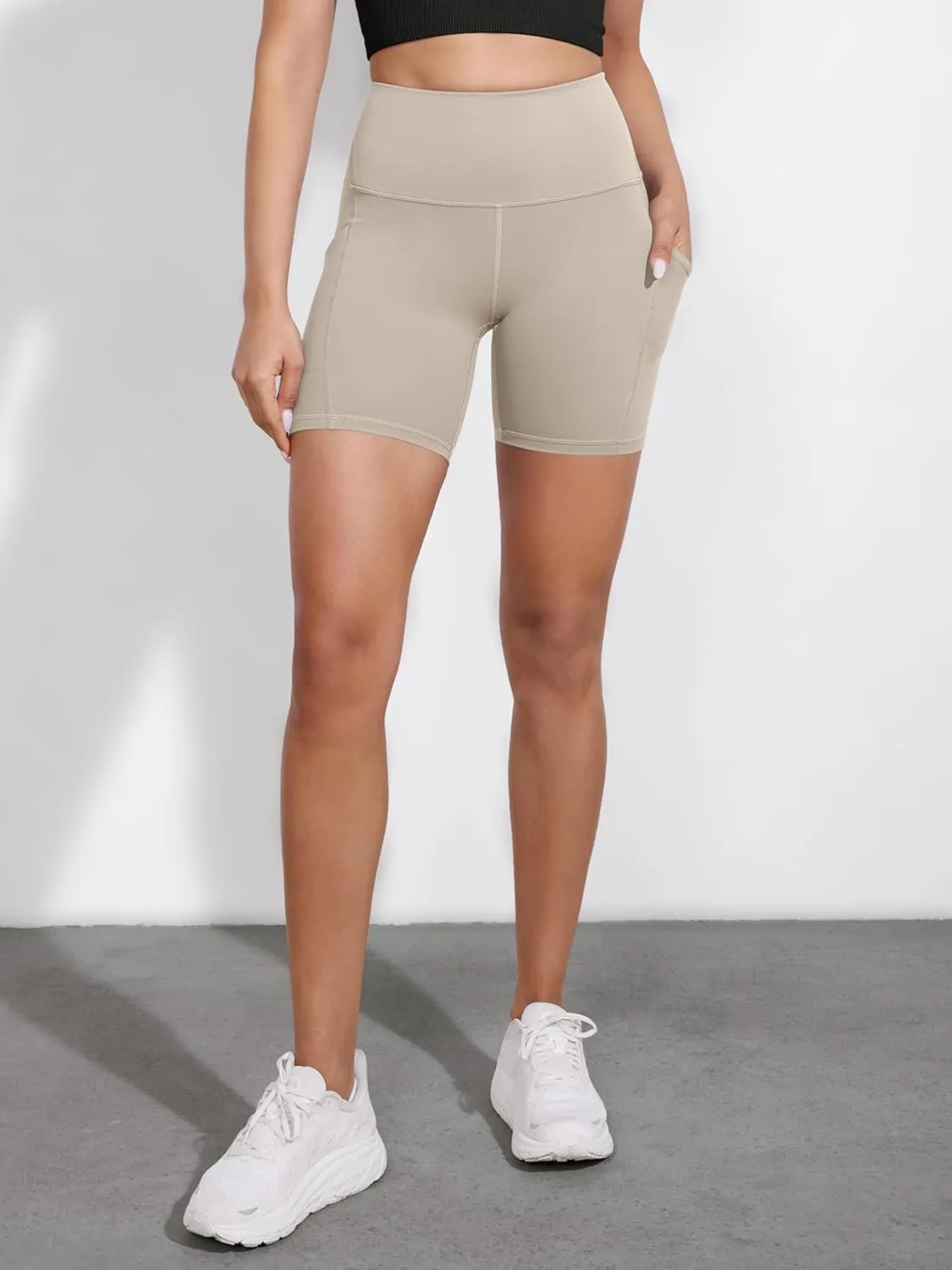 ODODOS 2-Pack High Waist Workout Shorts with Pockets for Women 6"/8" Inseam Tummy Control Gym Athletic Biker Shorts