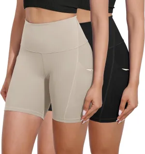 ODODOS 2-Pack High Waist Workout Shorts with Pockets for Women 6"/8" Inseam Tummy Control Gym Athletic Biker Shorts