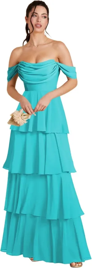 Off Shoulder Chiffon Bridesmaid Dresses Long for Women Tiered Ruffles A Line Formal Evening Dress