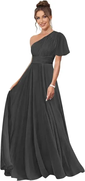 One Shoulder Bridesmaid Dresses for Women Long Short Sleeve Pleated Chiffon Formal Evening Gowns