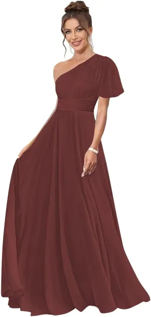 One Shoulder Bridesmaid Dresses for Women Long Short Sleeve Pleated Chiffon Formal Evening Gowns