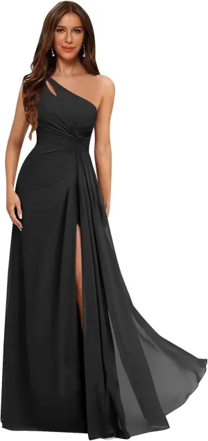 One Shoulder Pleated Bridesmaid Dresses Long with Slit Chiffon A Line Formal Evening Dress for Women