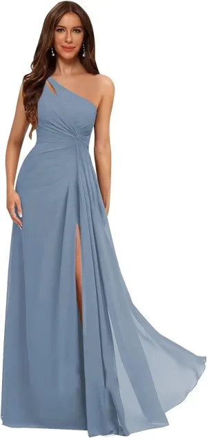 One Shoulder Pleated Bridesmaid Dresses Long with Slit Chiffon A Line Formal Evening Dress for Women