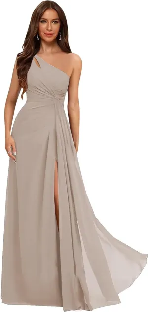 One Shoulder Pleated Bridesmaid Dresses Long with Slit Chiffon A Line Formal Evening Dress for Women