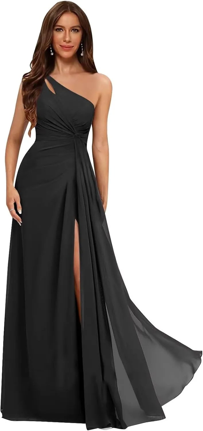 One Shoulder Pleated Bridesmaid Dresses Long with Slit Chiffon A Line Formal Evening Dress for Women