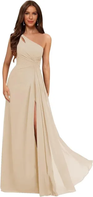 One Shoulder Pleated Bridesmaid Dresses Long with Slit Chiffon A Line Formal Evening Dress for Women