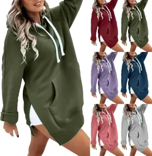 Oversized Hoodie Dress for Women Casual Drawstring Long Warmy Sweatshirt with Pockets Fashion Split Hem Long Sleeve
