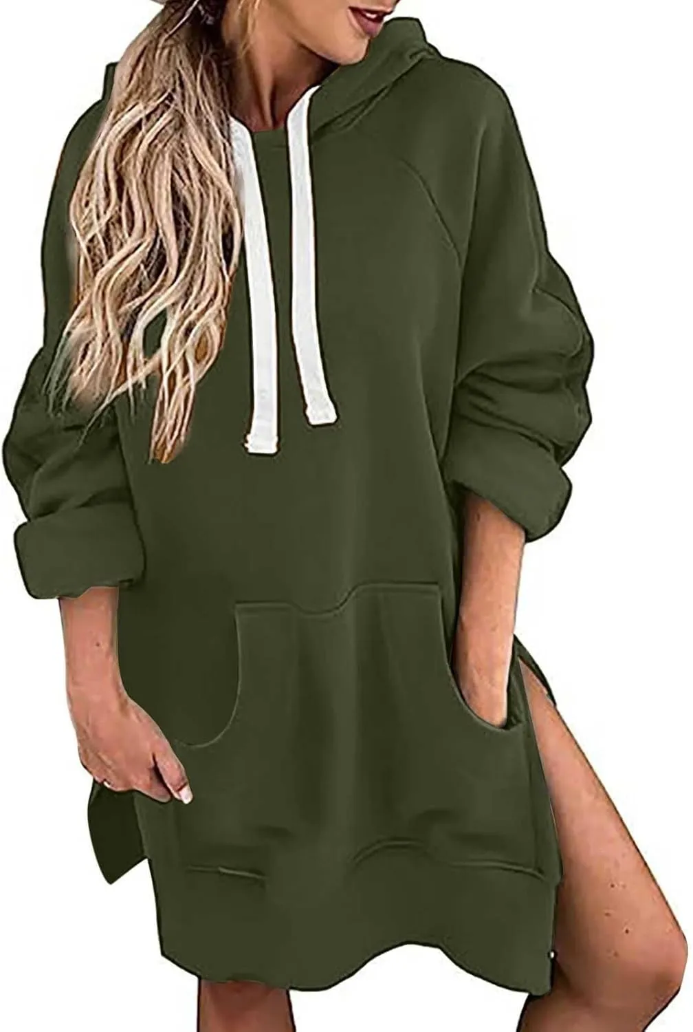 Oversized Hoodie Dress for Women Casual Drawstring Long Warmy Sweatshirt with Pockets Fashion Split Hem Long Sleeve
