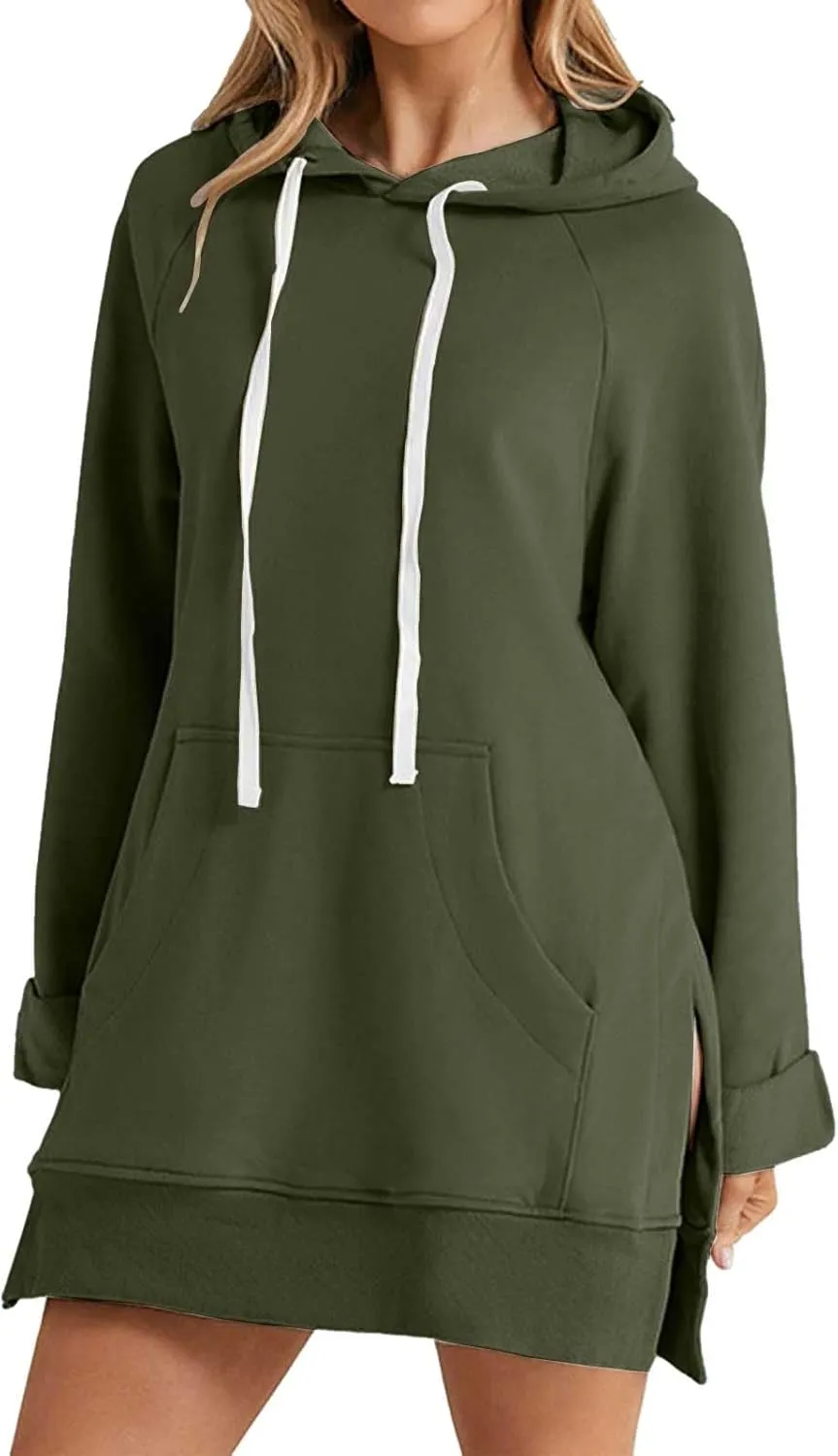 Oversized Hoodie Dress for Women Casual Drawstring Long Warmy Sweatshirt with Pockets Fashion Split Hem Long Sleeve