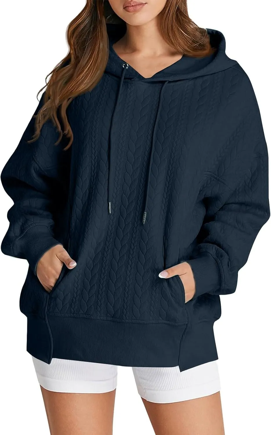 Oversized Hoodies for Women Trendy Jacquard Knit Sweater Drawstring Casual Long Sleeve Hooded Sweatshirt with Pocket