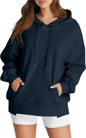 Oversized Hoodies for Women Trendy Jacquard Knit Sweater Drawstring Casual Long Sleeve Hooded Sweatshirt with Pocket