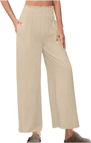 Palazzo Pants for Women Casual Boho Linen Trousers Elastic High Waist Beach Summer Travel Lounge Pants with Pockets