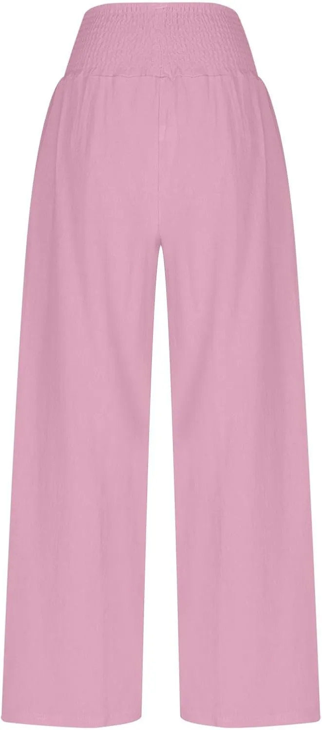 Palazzo Pants for Women Casual Boho Linen Trousers Elastic High Waist Beach Summer Travel Lounge Pants with Pockets