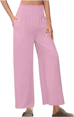 Palazzo Pants for Women Casual Boho Linen Trousers Elastic High Waist Beach Summer Travel Lounge Pants with Pockets