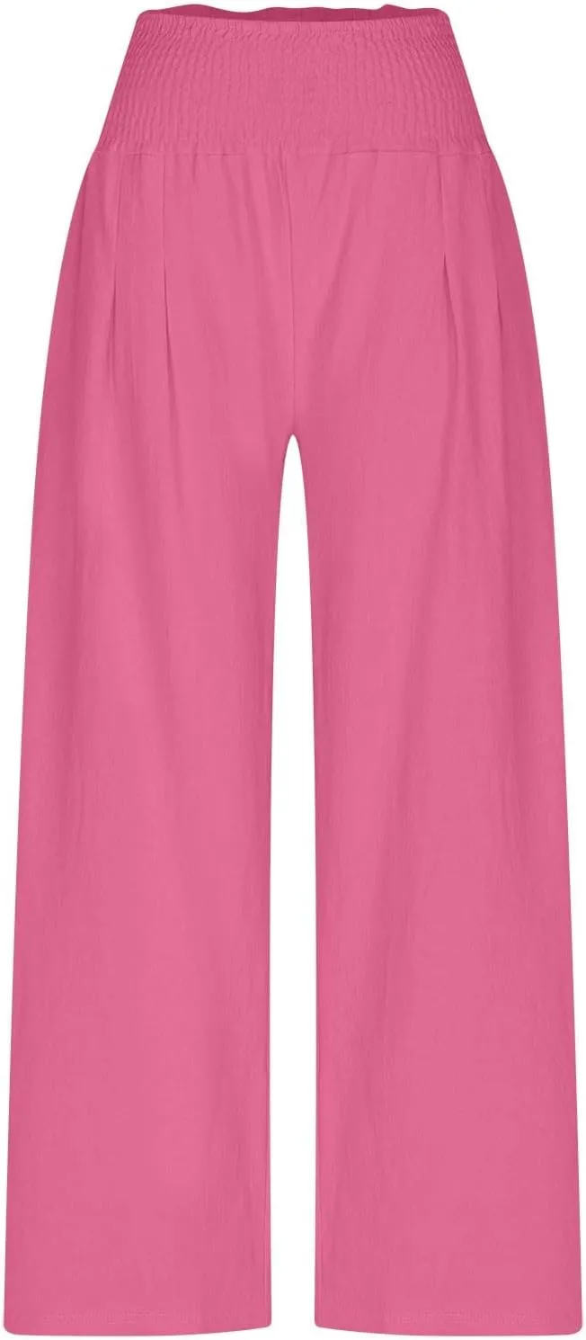 Palazzo Pants for Women Casual Boho Linen Trousers Elastic High Waist Beach Summer Travel Lounge Pants with Pockets