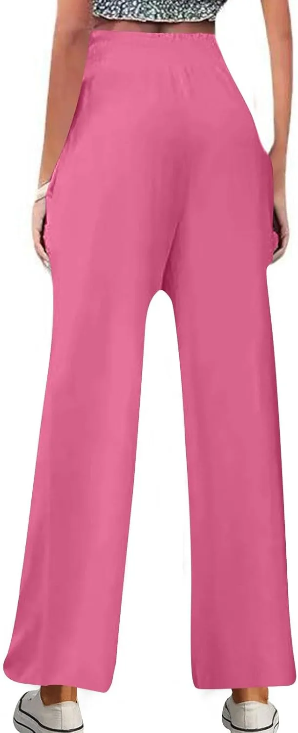 Palazzo Pants for Women Casual Boho Linen Trousers Elastic High Waist Beach Summer Travel Lounge Pants with Pockets