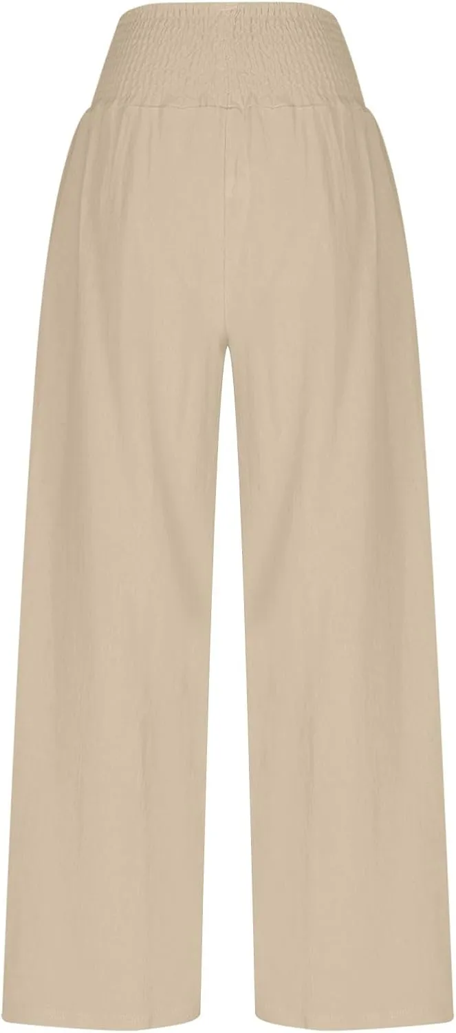 Palazzo Pants for Women Casual Boho Linen Trousers Elastic High Waist Beach Summer Travel Lounge Pants with Pockets