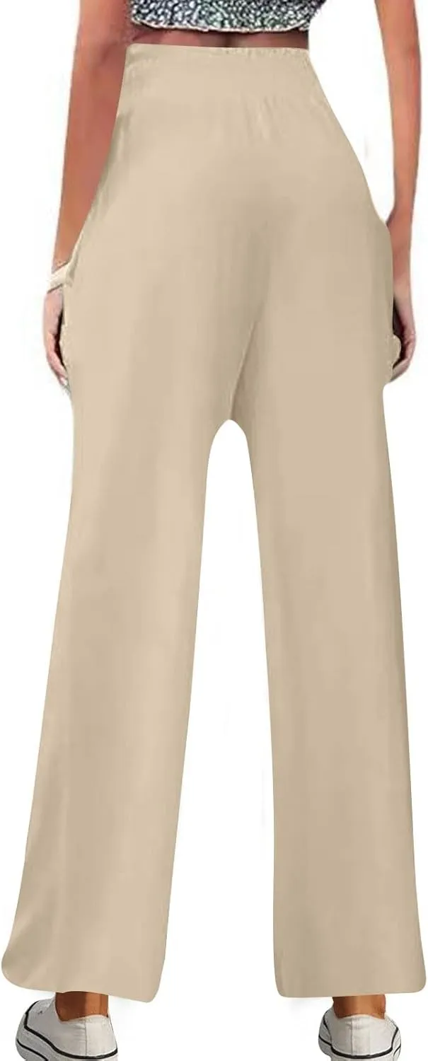 Palazzo Pants for Women Casual Boho Linen Trousers Elastic High Waist Beach Summer Travel Lounge Pants with Pockets