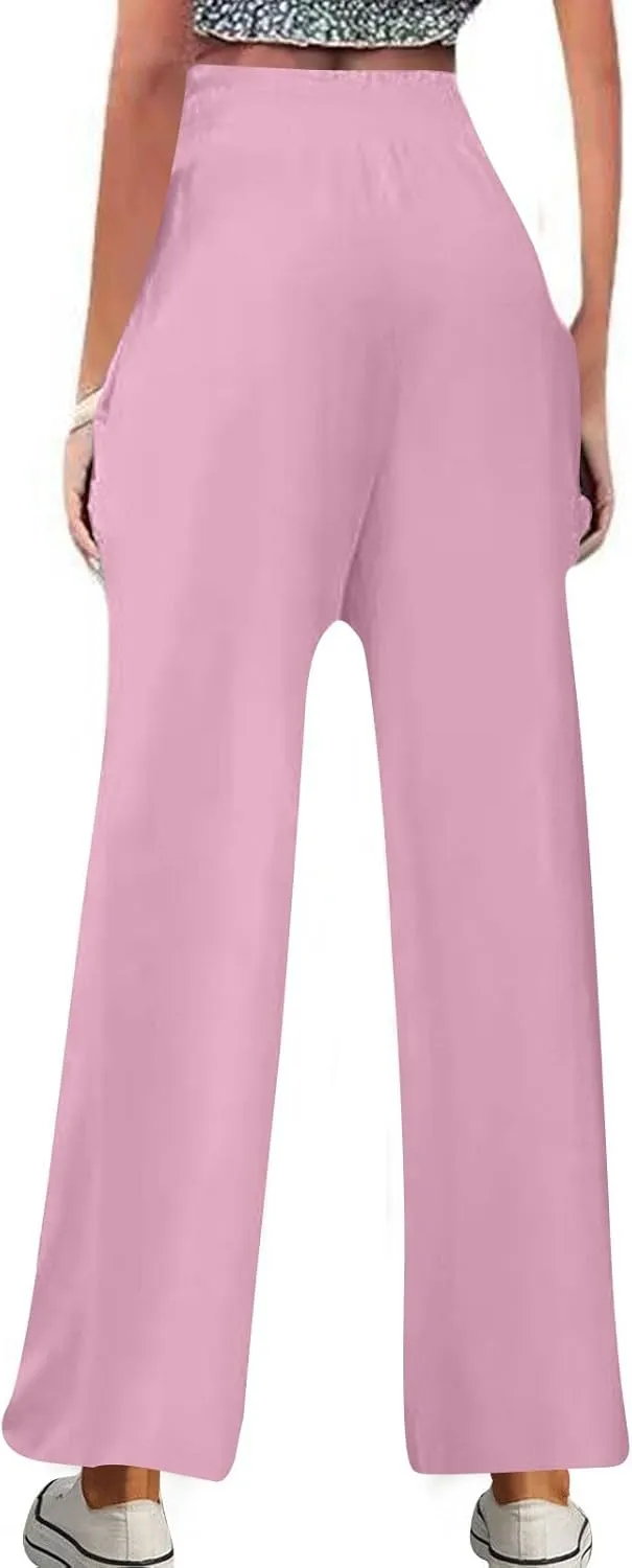 Palazzo Pants for Women Casual Boho Linen Trousers Elastic High Waist Beach Summer Travel Lounge Pants with Pockets