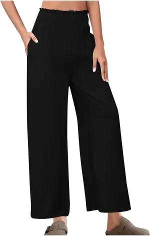 Palazzo Pants for Women Casual Boho Linen Trousers Elastic High Waist Beach Summer Travel Lounge Pants with Pockets