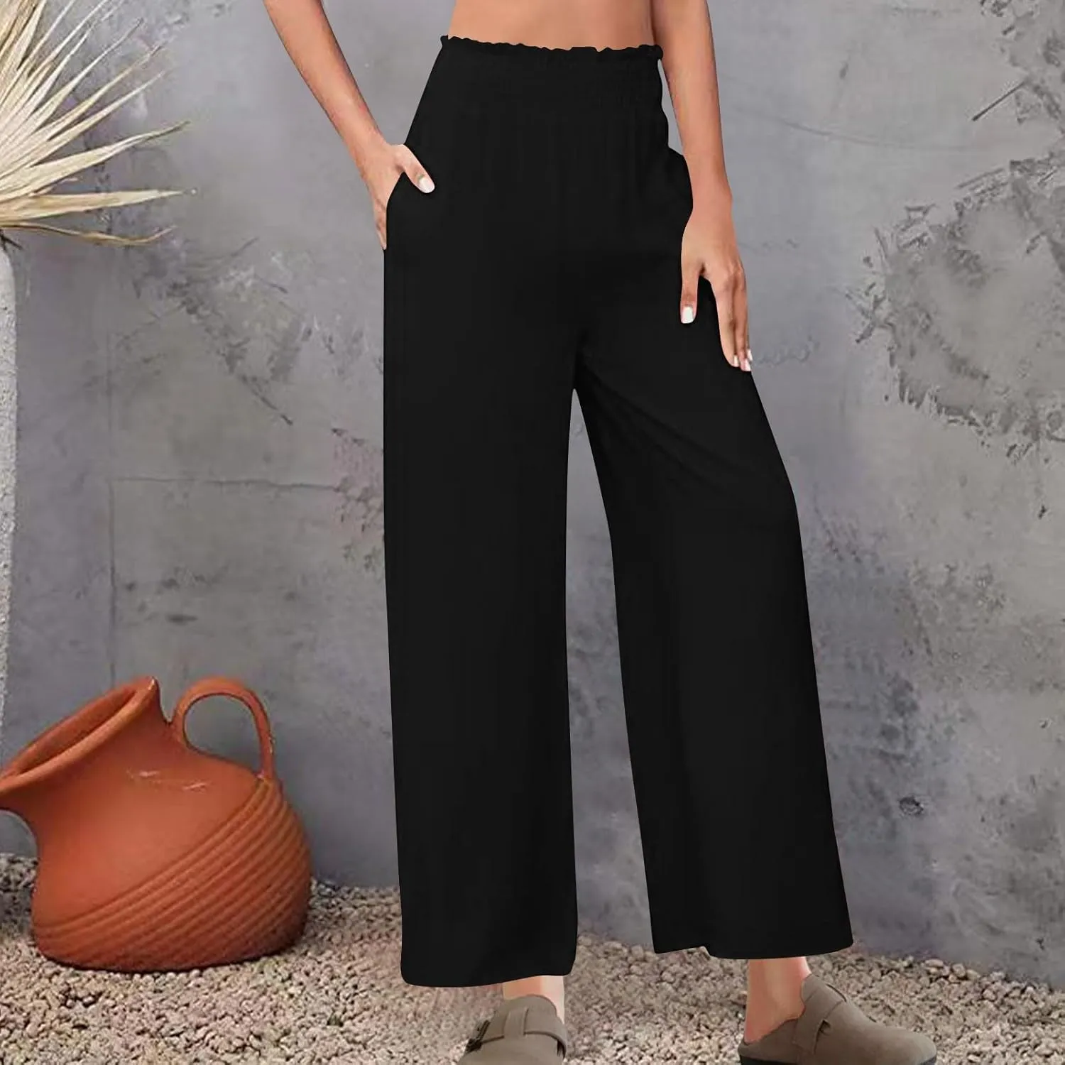 Palazzo Pants for Women Casual Boho Linen Trousers Elastic High Waist Beach Summer Travel Lounge Pants with Pockets